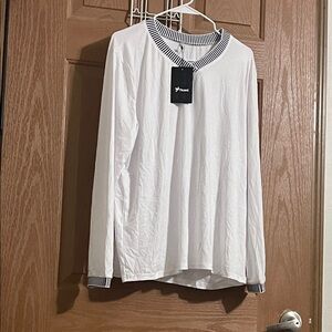 White Long Sleeve Shirt with Black Striped Accents